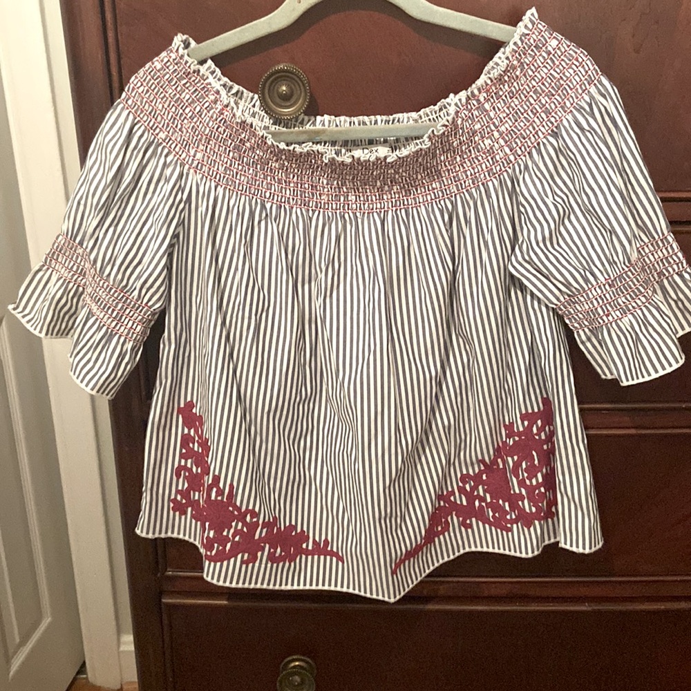Dex striped embroidered off the shoulder top